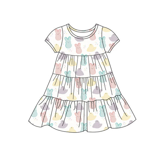 Preorder(moq 5) Baby Girls Colorful Rabbits Chicks Easter Patchwork Ruffle Knee Length Dresses 11.7