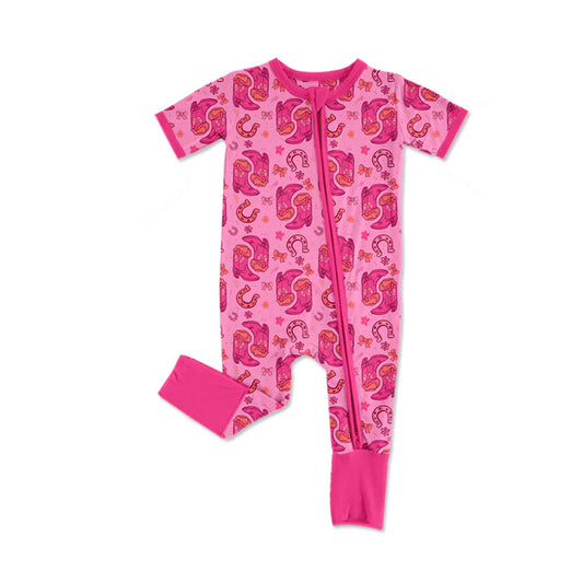 Preorder (moq 5)Baby Girls Bow Boots Western Two Way Zip Convertible Rompers 11.26