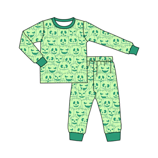 preorder(MOQ 5)Baby Boys Green Long Sleeves Pumpkins Plaid Top Pants Pajamas Set 5.10