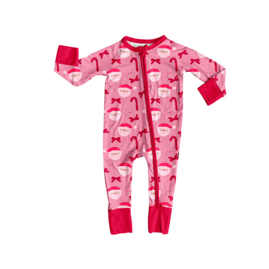 Preorder (moq 5)Baby Girls Hot Pink Long Sleeves Candy Cane Santa Zipper Rompers 6.4