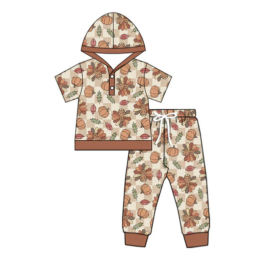 Preorder moq 5 Baby Boys Brown Short Sleeves Pumpkins Turkey Hoodies Top Pant Set 5.8
