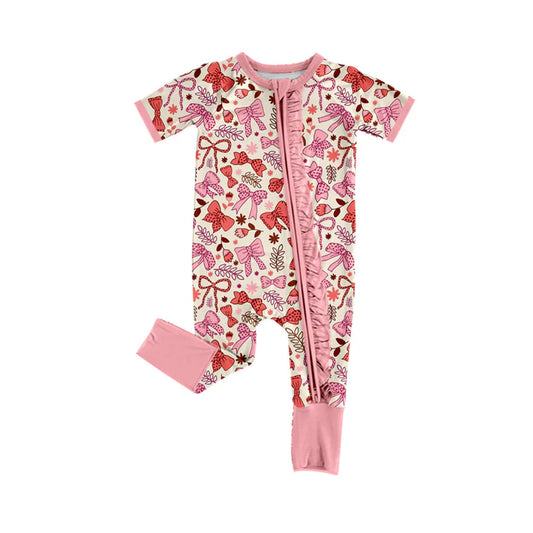 Preorder (moq 5)Baby Girls Pink Flowers Bows Two Way Ruffle Zip Convertible Rompers 12.6