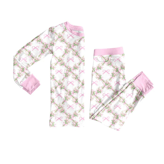 Preorder(moq 5) Baby Girls Long Sleeves Pink Bows Flowers Plaid Top Pants Pajamas Set 7.24