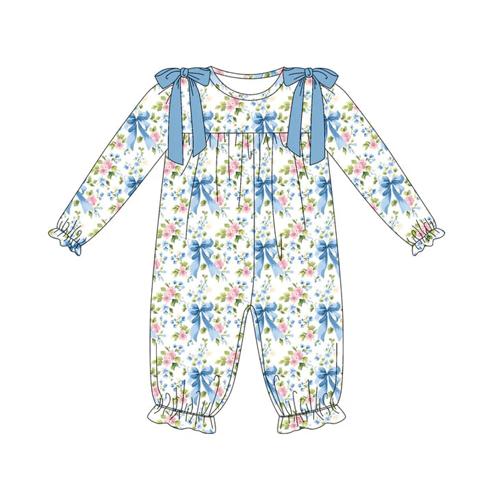 Preorder (moq 5)Baby Girls Long Sleeves Blue Bows Floral Ruffle Pant Romper 7.7
