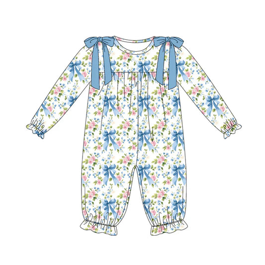 Preorder (moq 5)Baby Girls Long Sleeves Blue Bows Floral Ruffle Pant Romper 7.7