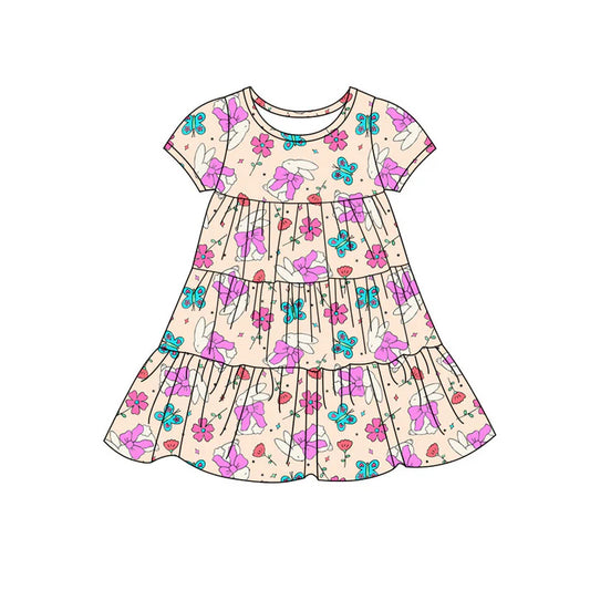 Preorder(moq 5) Baby Girls Butterfly Rabbits Easter Patchwork Ruffle Knee Length Dresses 11.7