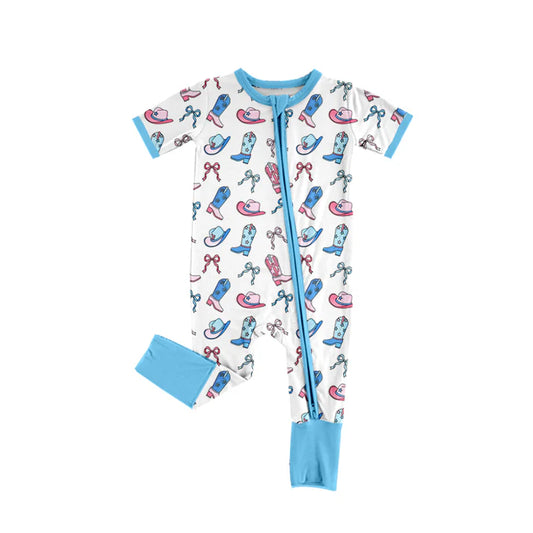 Preorder (moq 5)Baby Boys Blue Short Sleeves Boots Bows Hats Zipper Rompers 5.26