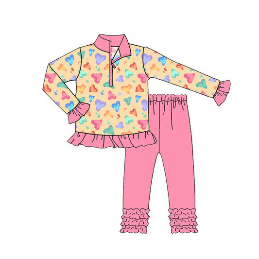 Preorder (moq 8)Baby Girls Colorful Hearts Zipper Pullover Ruffle Leggings Valentine Clothes Sets 9.11