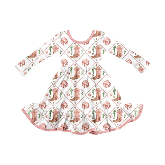 Preorder (moq 5)Baby Girls Western Boots Pink Ruffle Knee Length Dresses 8.12