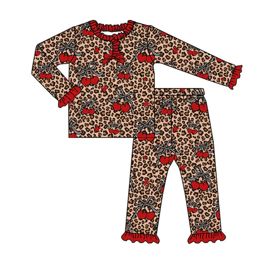 Preorder (moq 5)Baby Girls Red Cheer Leopard Bows Top Ruffle Pants Pajamas Sets 9.5