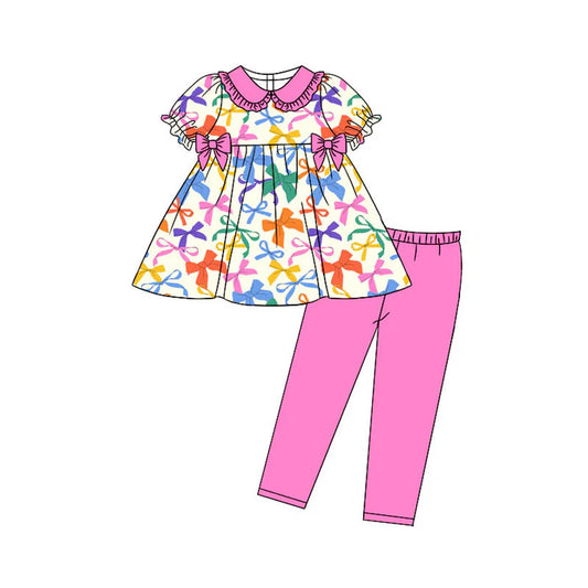 Preorder(moq 5) Baby Girls Short Sleeve Colorful Bows Tunic Leggings Clothes Sets 11.11