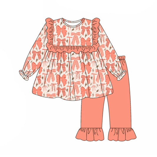Preorder (moq 5)Baby Girls Long Sleeves Peach Leaves Bows Tunic Ruffle Pant Set 5.20