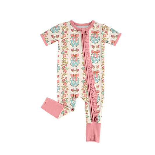 Preorder (moq 8)Baby Girls Eggs Flowers Stripe Easter Ruffle Zipper Footie Rompers 9.12