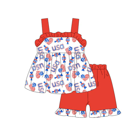 Preorder moq 5 Baby Girls Strap Blue Red Hearts Candy Tunic Ruffle Short 4th Of July Set 4.23