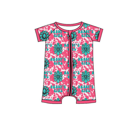 Preorder (moq 5)Baby Mama's Girl Turquoises Cow Print Western Zipper Shorts Rompers 11.25