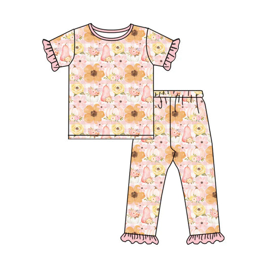 Preorder (moq 5)Baby Girls Short Ruffle Sleeves Flowers Pumpkins Top Pant Pajamas Set 5.24