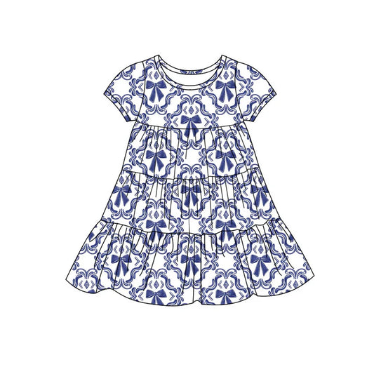Preorder(moq 5) Baby Girls Navy Bows Checked Patchwork Ruffle Knee Length Dresses 11.14