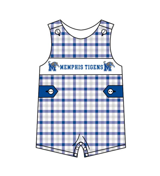 Preorder (moq 5)Baby Boys Memphis Tigers Blue Checked Shorts Rompers 12.6