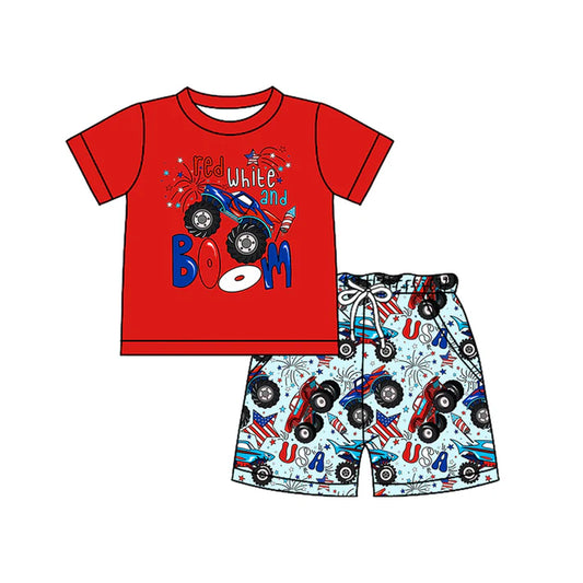 Preorder moq 5 Baby Boys Red Short Sleeves Stars Firework Top Pockets Shorts 4th Of July Set 4.14