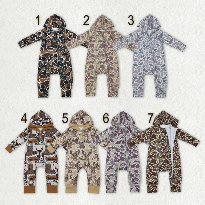 Sibling Baby Boys Southern Hunting Camo Button Two Way Zip Convertible Hoodie Rompers