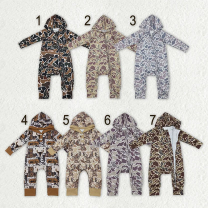 Sibling Baby Boys Southern Hunting Camo Button Two Way Zip Convertible Hoodie Rompers