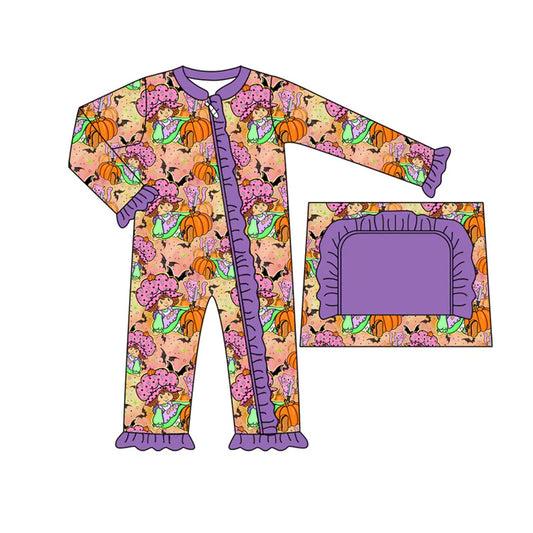 preorder(moq 5)Baby Infant Girls Purple Bat Pumpkins Ruffle Zipper Halloween Rompers 8.1