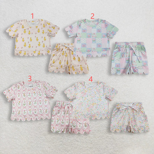 Sibling Baby Girls Colorful Flowers Top Pockets Short Scallop Clothes Sets
