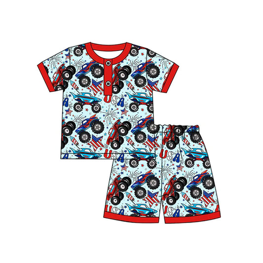 Preorder moq 5 Baby Boys Short Sleeves Stars Firework Button Top Shorts 4th Of July Pajamas Set 4.14