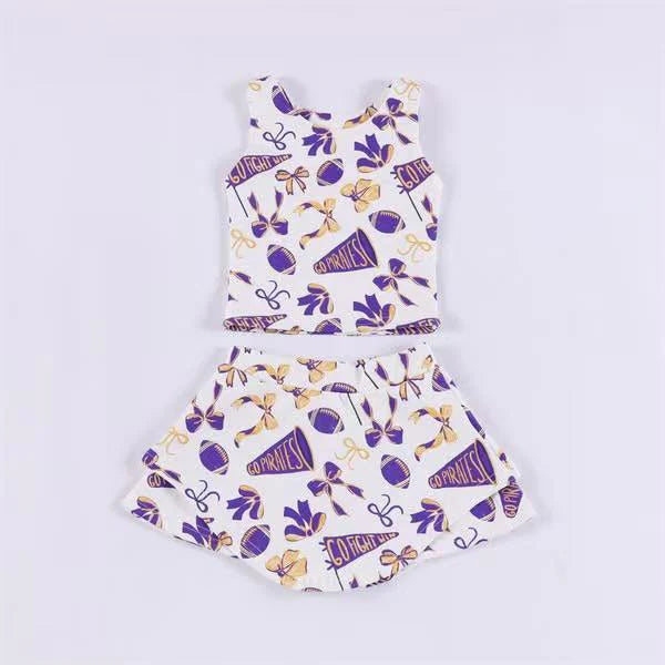 Preorder moq 5 Baby Girls Sleeveless Purple Football Cheer Plaid Vest Top Skorts Team Set 7.11