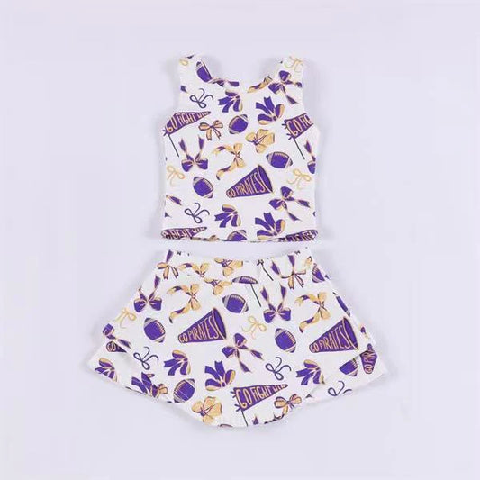 Preorder moq 5 Baby Girls Sleeveless Purple Football Cheer Plaid Vest Top Skorts Team Set 7.11