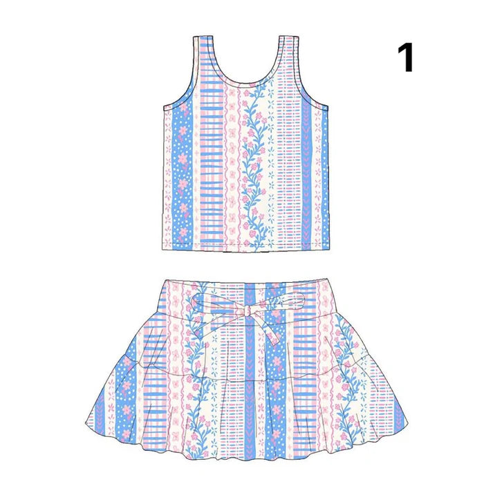 Preorder (moq 5)Baby Girls Flowers Stripe Vests Top Skirt Shorts Clothes Sets 1.14