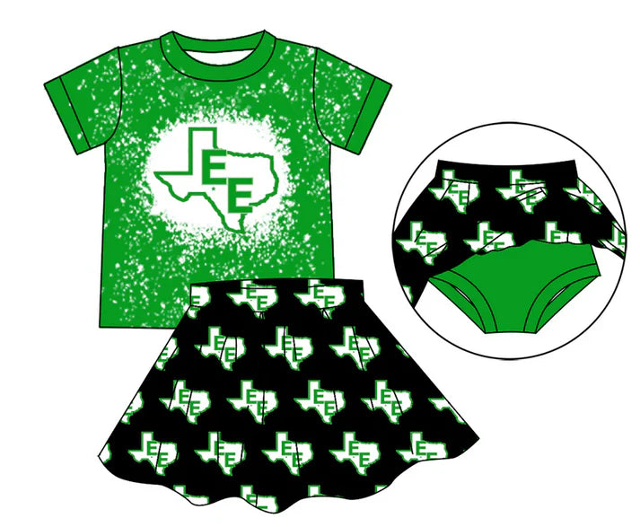 Preorder (moq 5)Baby Girls Green E Top Bummie Skorts Team Sets 6.30