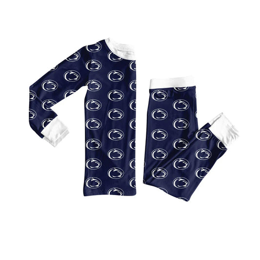 Preorder (moq 5)Baby Girls Navy Long Sleeves Team Leopard Plaid Top Pants Pajamas Set 7.12