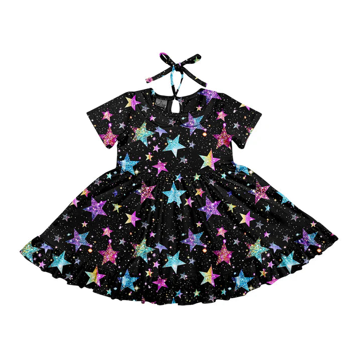Preorder (moq 5)Baby Girls Black Stars Short Sleeves Knee Length Dresses 6.3