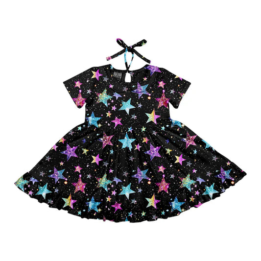 Preorder (moq 5)Baby Girls Black Stars Short Sleeves Knee Length Dresses 6.3