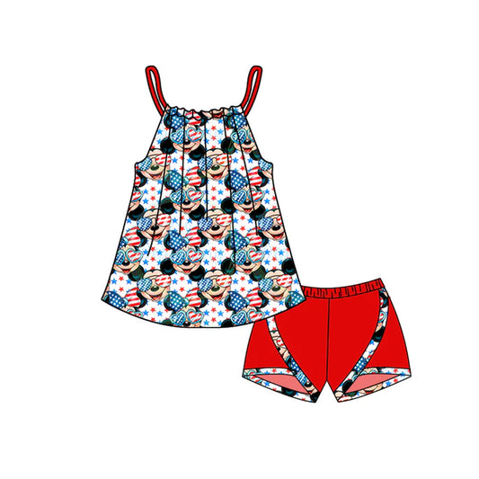 Preorder moq 5 Baby Girls Red Strap Cartoon Mouse Stars Tunic Short 4th Of July Set 4.23