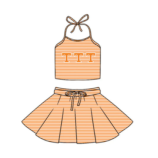Preorder (moq 5)Baby Girls Strap Orange Stripe T Vest Top Skirt Shorts 2 Piece Team Swimsuits 12.29