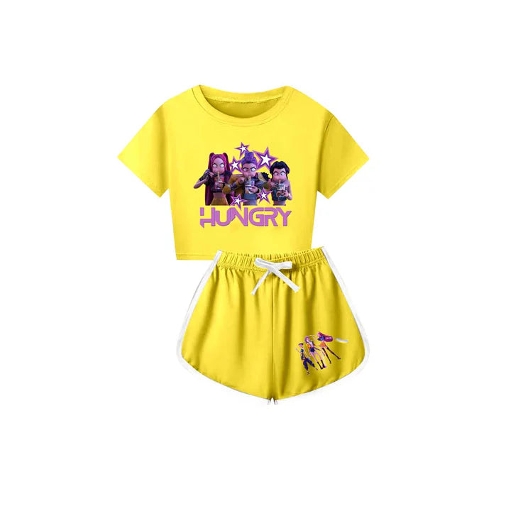 Preorder(moq 5) Baby Girls Cartoon Girls Hungry Top Shorts Yellow Clothes Sets 10.4