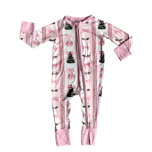 Preorder (moq 8)Baby Girls Pink Bows Trees Holly Stripe Christmas Zipper Footie Rompers 9.24