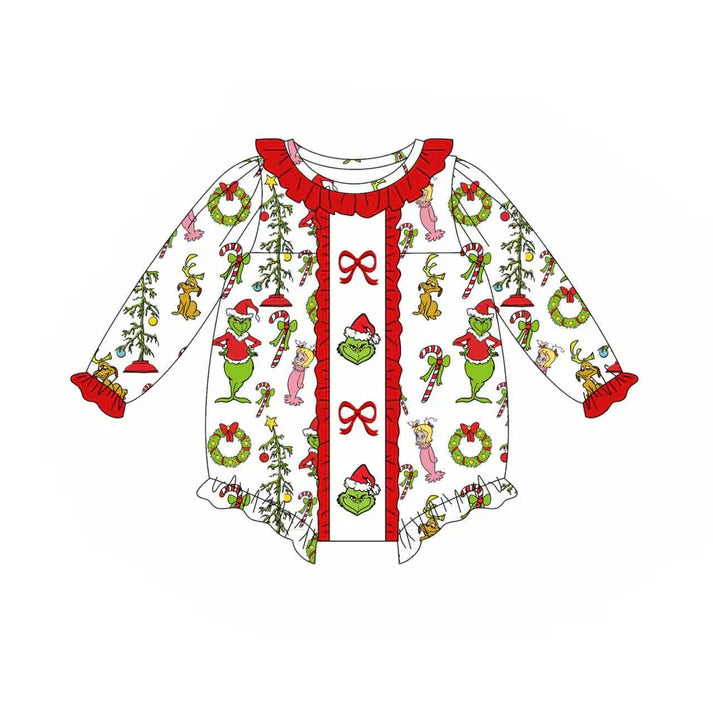 Preorder (moq 8)Baby Girls Green Face Candy Cane Christmas Ruffle Rompers 9.24