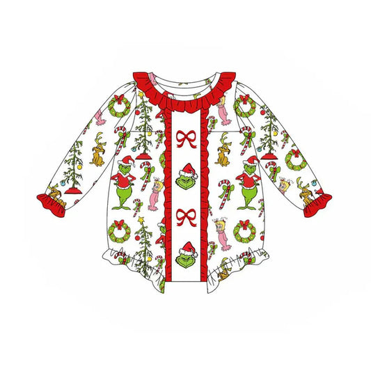 Preorder (moq 8)Baby Girls Green Face Candy Cane Christmas Ruffle Rompers 9.24