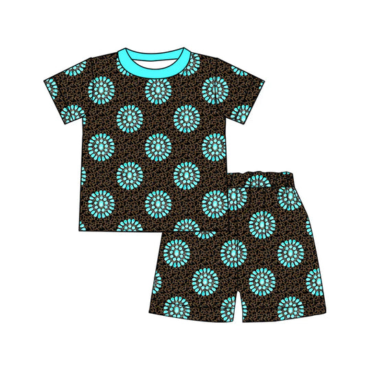 Preorder (moq 8)Baby Boys Camo Turquoises Top Shorts Western Pajamas Sets 9.13