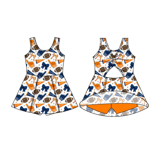 Preorder (moq 5)Baby Girls Sleeveless Orange Blue Bows Footballs Shorts Team Knee Length Dress 7.17