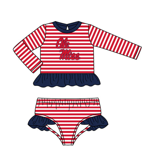 Preorder (moq 5)Baby Girls Red Stripe Ole Miss Ruffle Top Bummies Team 2 Piece Swimsuits 12.25