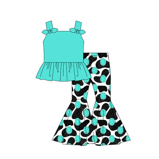 Preorder moq 5 Baby Girls Aqua Strap Bows Tunic Cows Print Turquoise Bell Bottom Pants Set 4.30