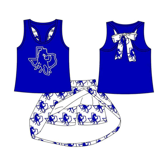 Preorder (moq 5)Baby Girls Blue Horse vest team Top Skirt Skort Sets 8.12