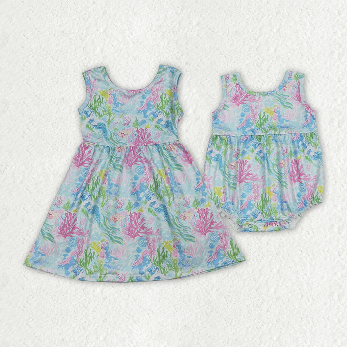 Sibling Baby Girls Sleeveless Colorful Sea Plants Knee Length Dress Rompers