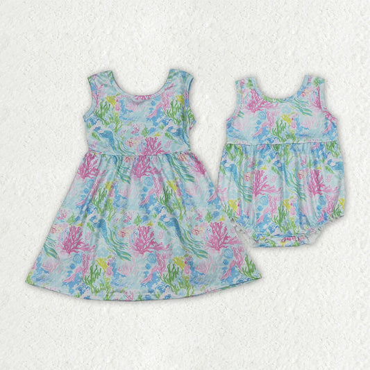 Sibling Baby Girls Sleeveless Colorful Sea Plants Knee Length Dress Rompers