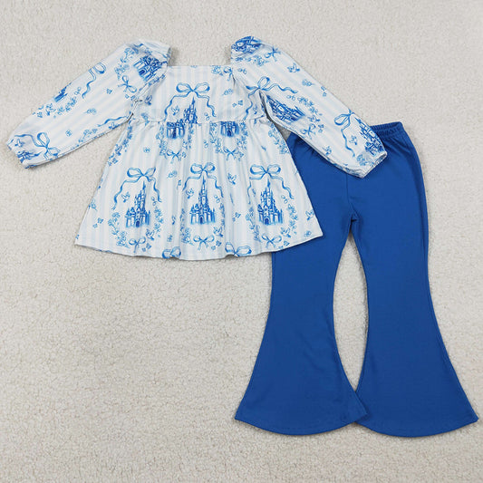 Baby Girls Clothes Blue Stripe Bows Castles Tunic Bell Bottom Pants Clothes Sets GLP3283 1.5