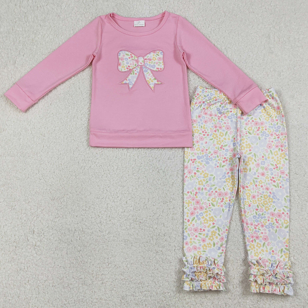 Baby Girls Embroidery Flowers Bows Pink Top Ruffle Leggings Pants Clothes Sets GLP3242 1.5